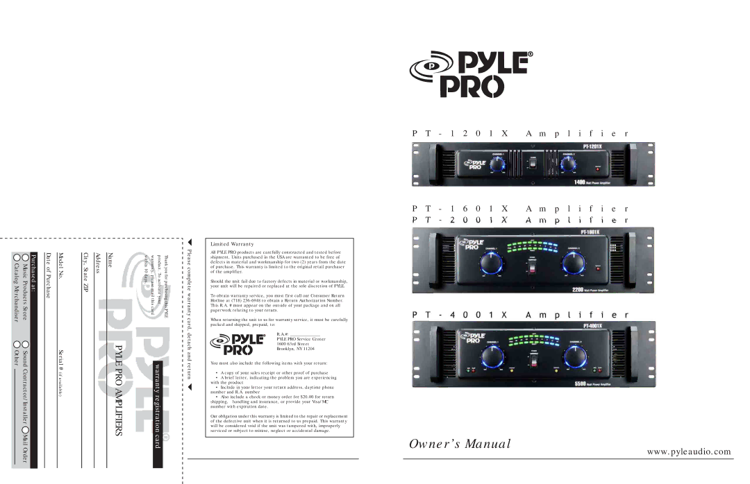 PYLE Audio PT-1201X, PT-4001X, PT-1601X, PT-2001X owner manual Card, detach and return, Limited Warranty 