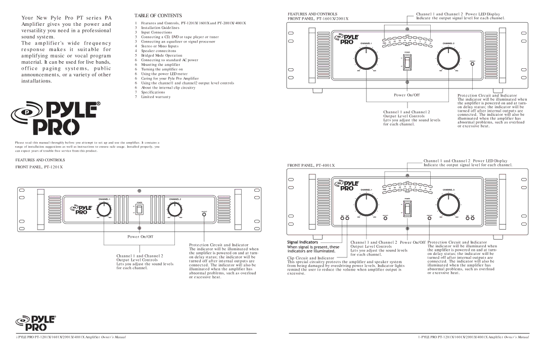 PYLE Audio PT-1601X, PT-4001X, PT-1201X, PT-2001X owner manual Table of Contents 