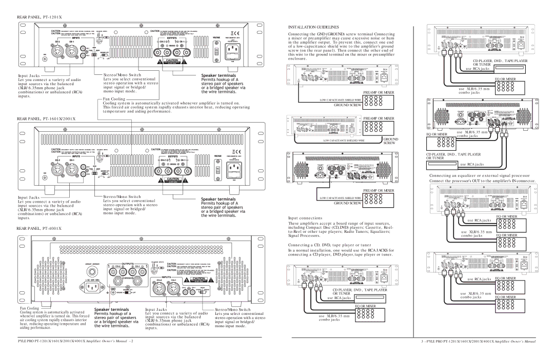 PYLE Audio PT-2001X, PT-1601X owner manual Rear PANEL, PT-1201X, Installation Guidelines, Rear PANEL, PT-4001X 