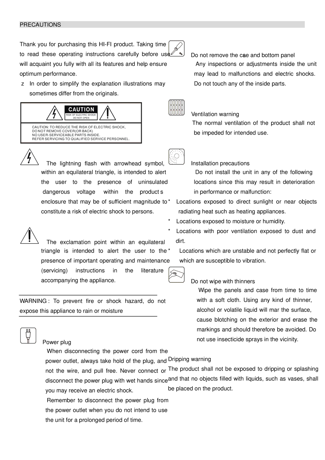 PYLE Audio PT-600A manual Precautions 