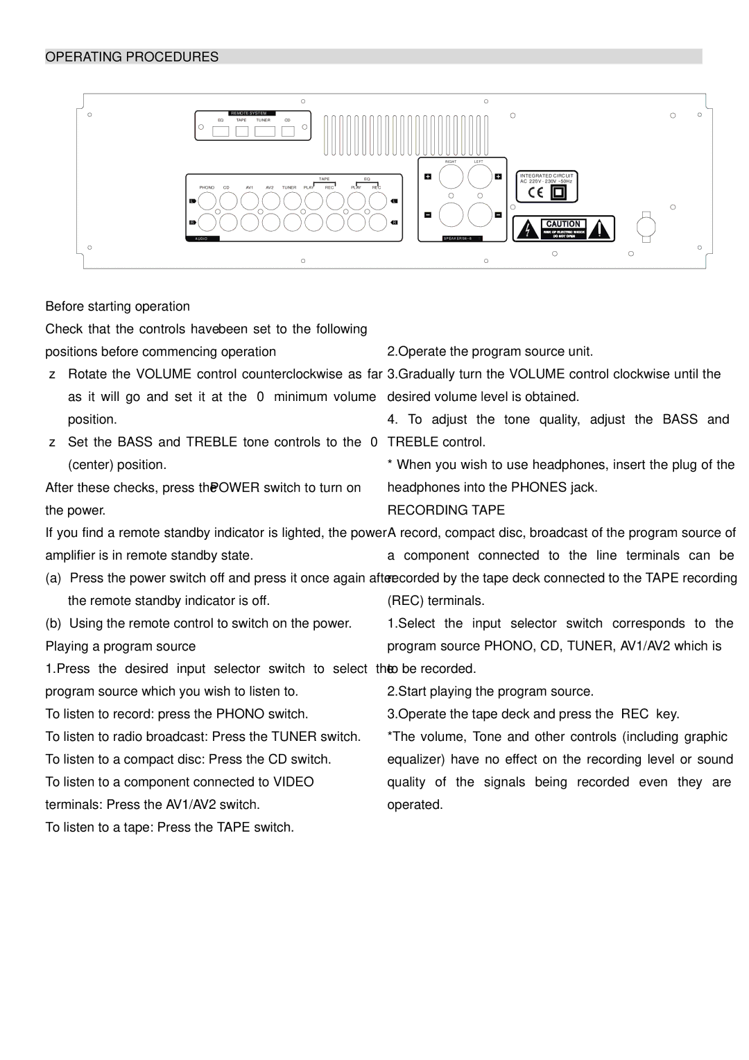 PYLE Audio PT-600A manual Operating Procedures, Playing a program source, Recording Tape 