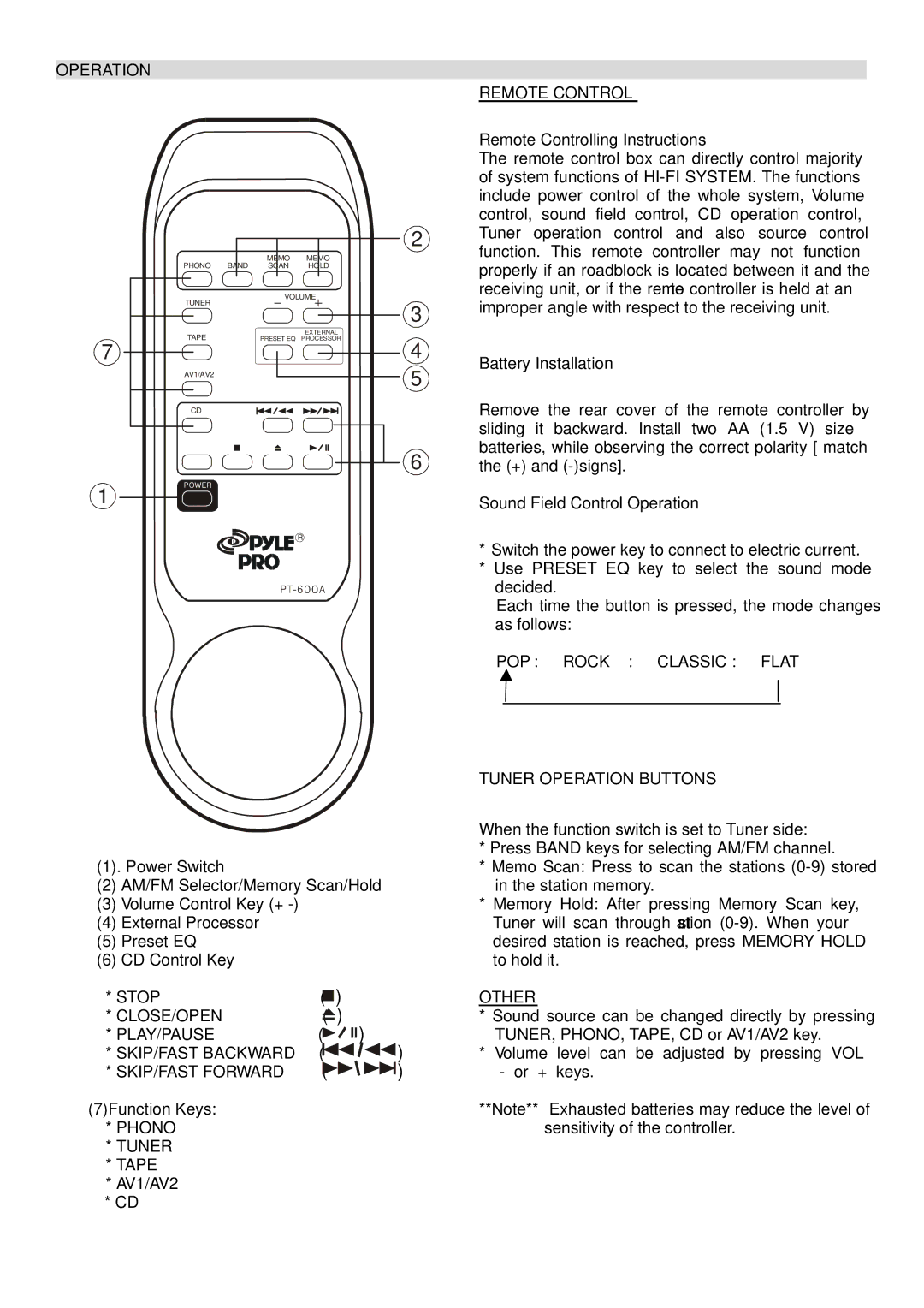 PYLE Audio PT-600A manual Remote Control, Tuner Operation Buttons, Other 