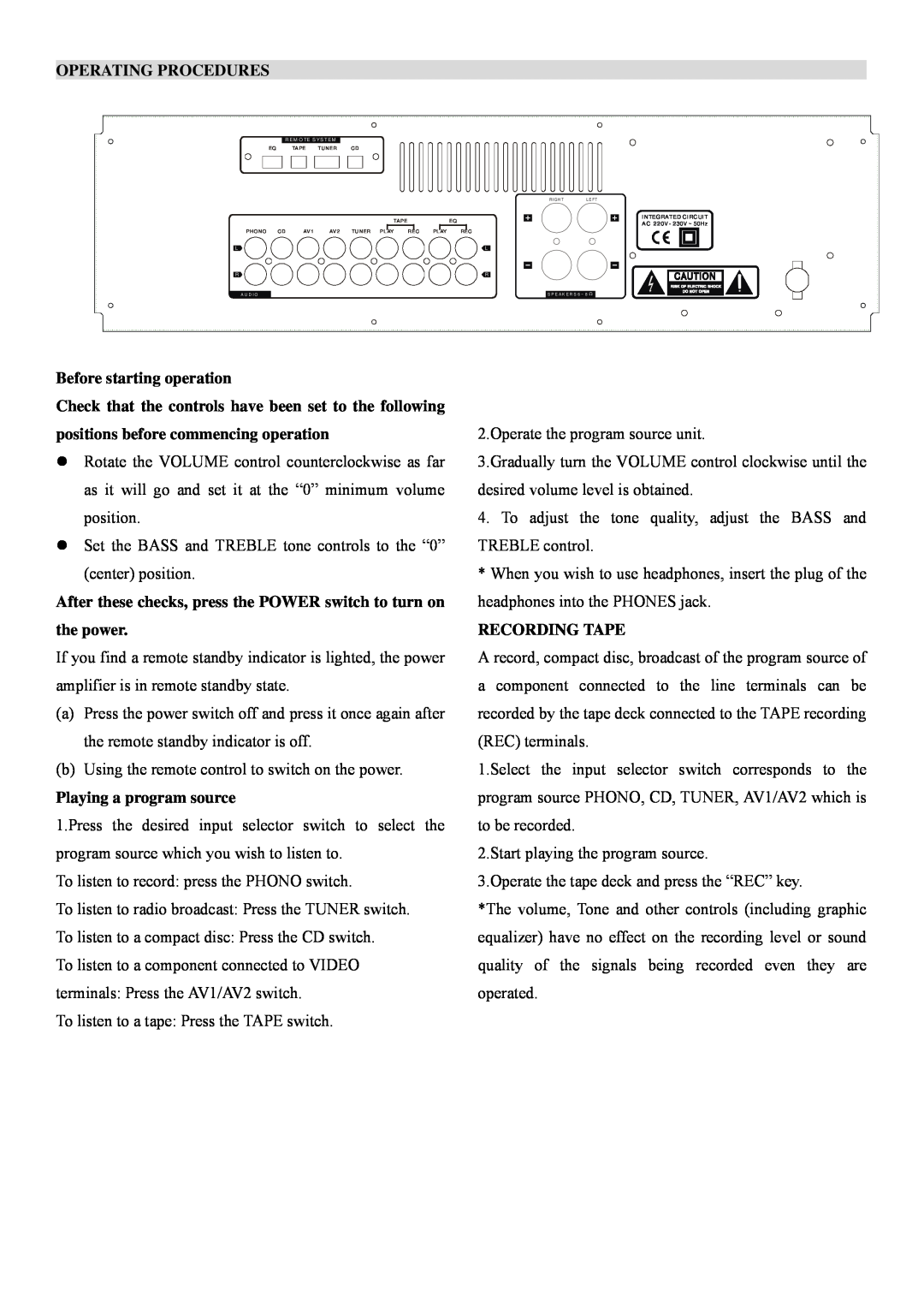 PYLE Audio PT-600A manual Operating Procedures, Before starting operation, Playing a program source, Recording Tape 