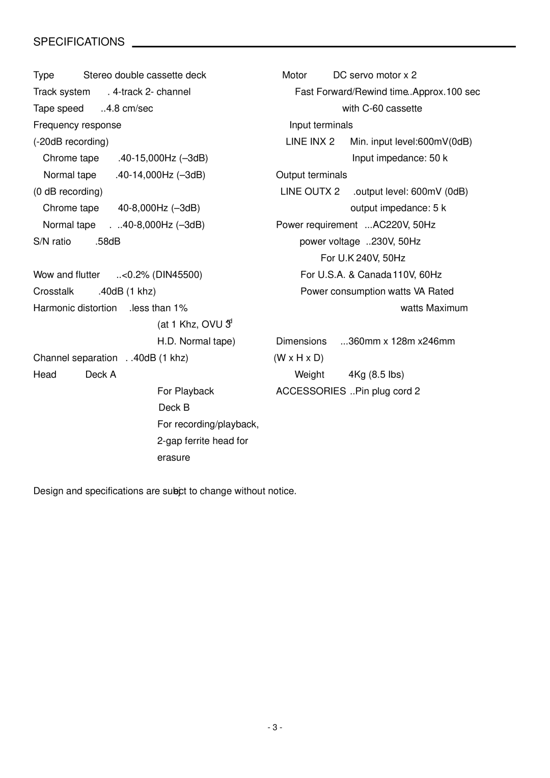 PYLE Audio PT-649D manual Specifications 