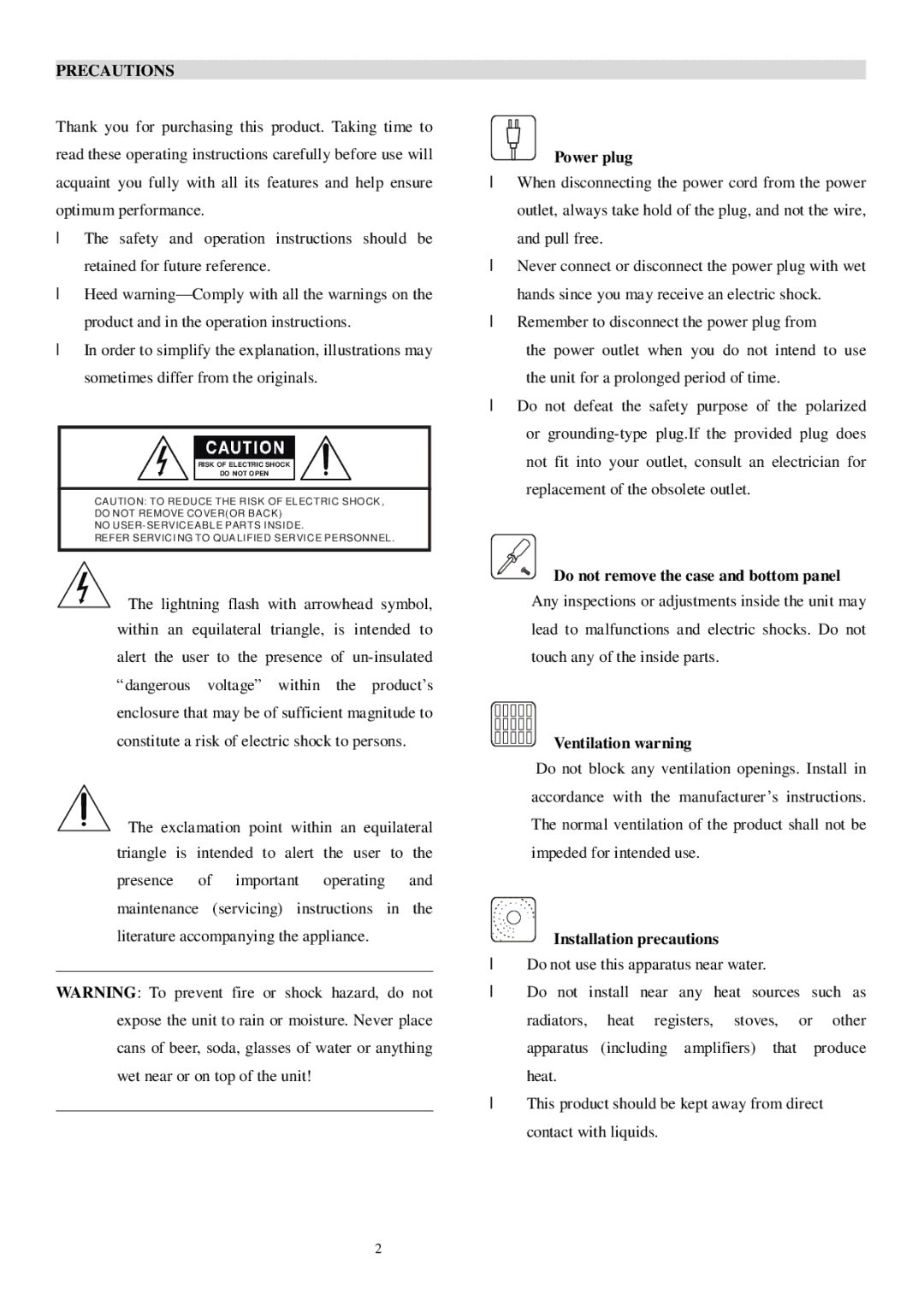 PYLE Audio PT-659DU manual Precautions, Power plug, Do not remove the case and bottom panel, Ventilation warning 