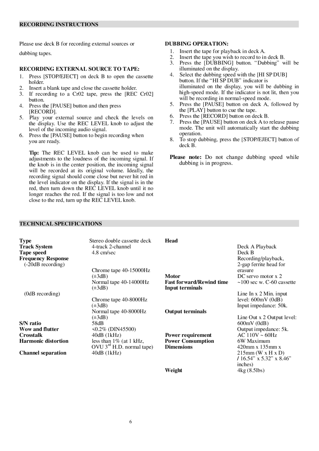 PYLE Audio PT-659DU Recording Instructions, Recording External Source to Tape, Dubbing Operation, Technical Specifications 