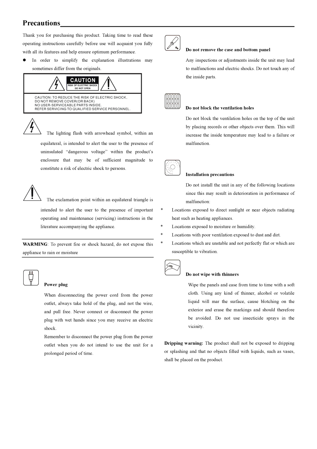 PYLE Audio PT-669D manual Precautions 