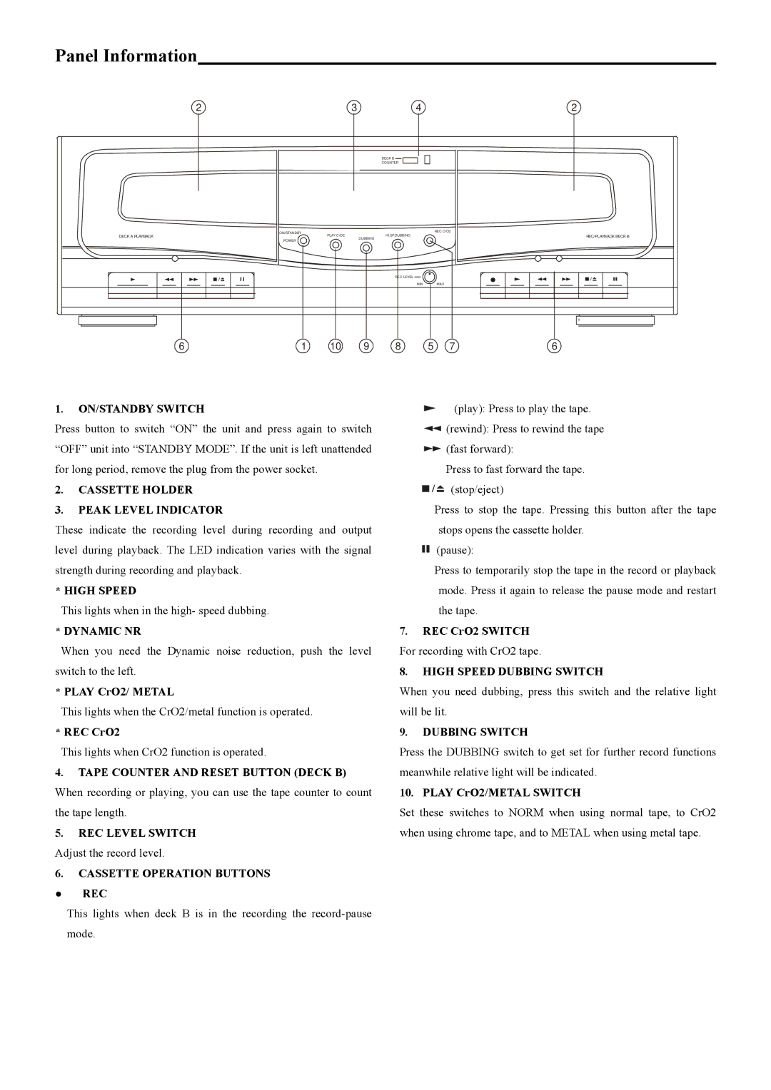 PYLE Audio PT-669D manual Panel Information, Play CrO2/ Metal, REC CrO2 Switch For recording with CrO2 tape 