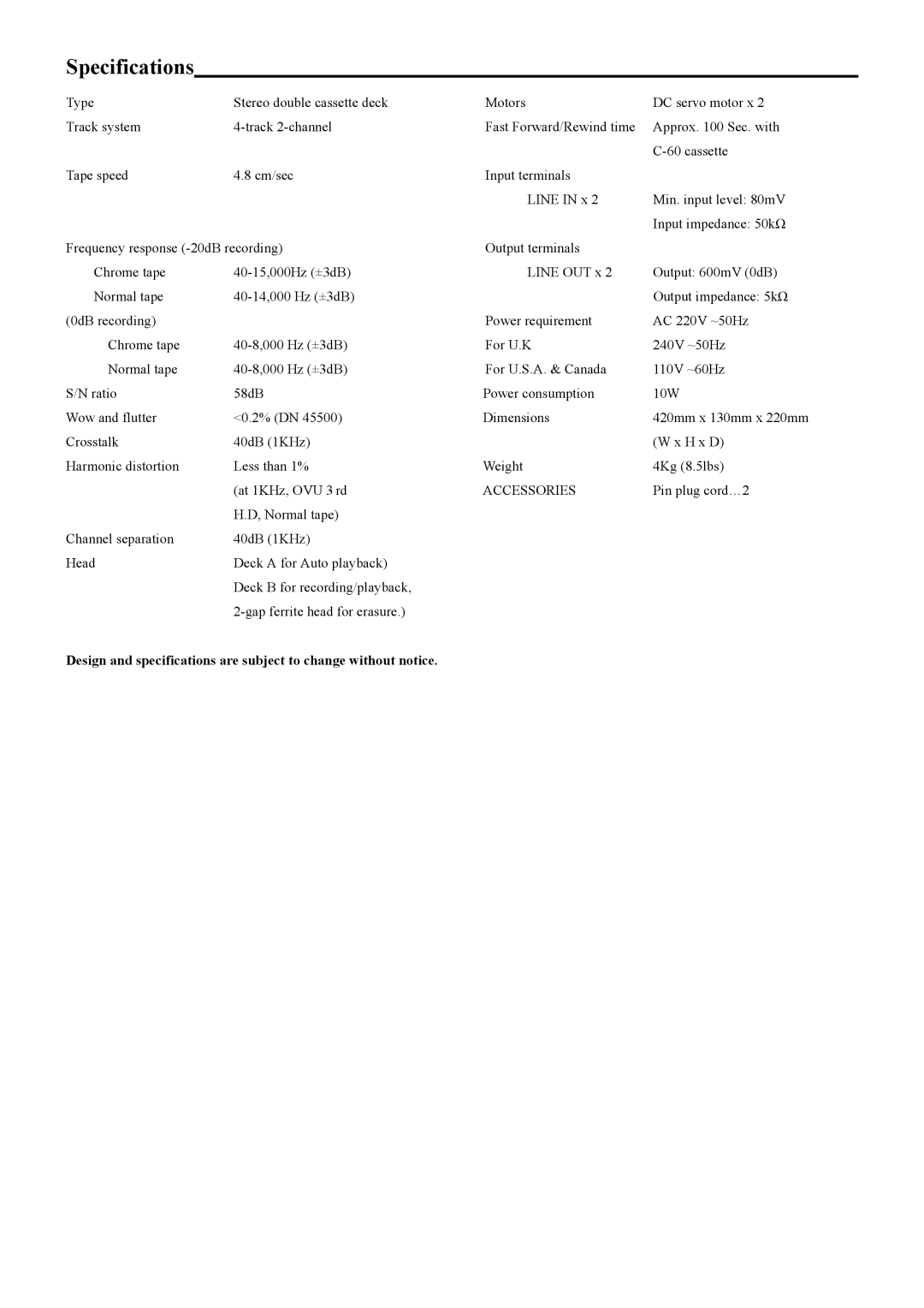 PYLE Audio PT-669D manual Specifications 