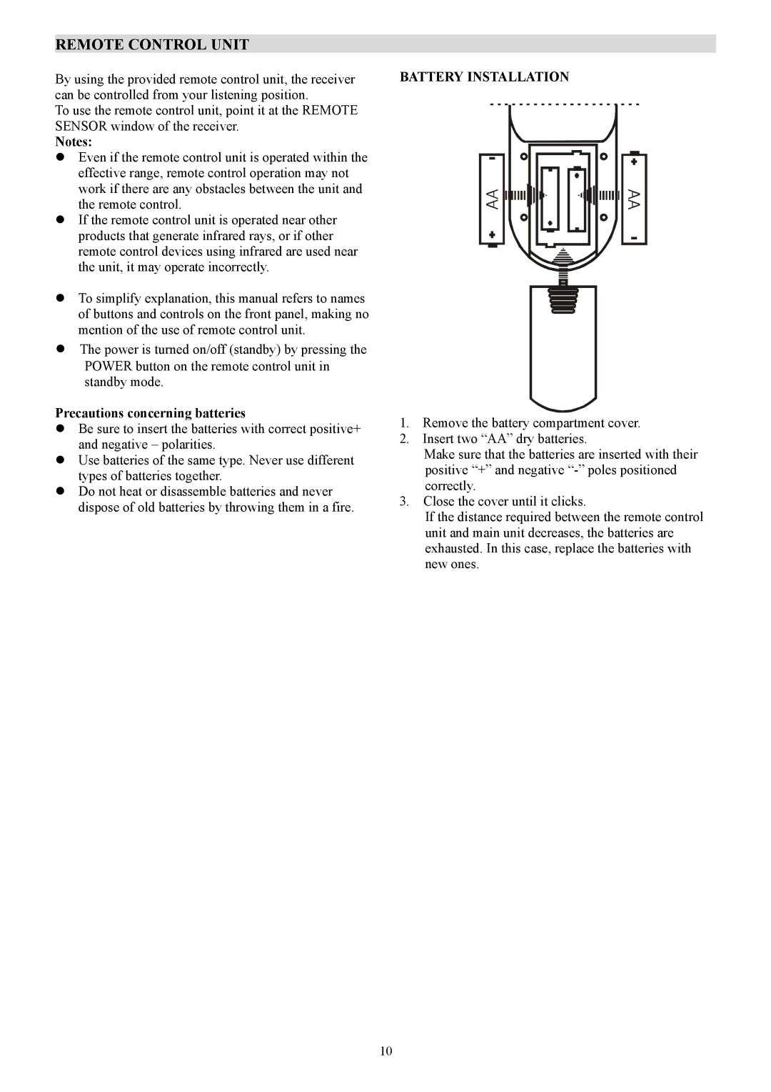 PYLE Audio PT-690A manual Remote Control Unit, Precautions concerning batteries, Battery Installation 