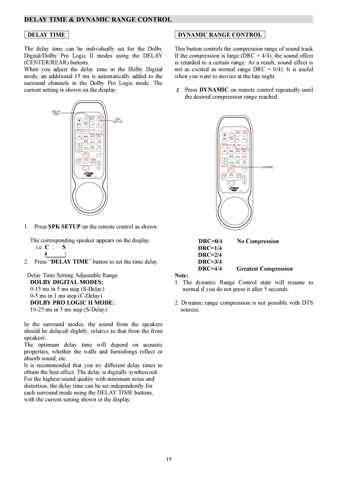 PYLE Audio PT-690A manual Delay Time & Dynamic Range Control, Delay Time Dynamic Range Control, Dolby Digital Modes 