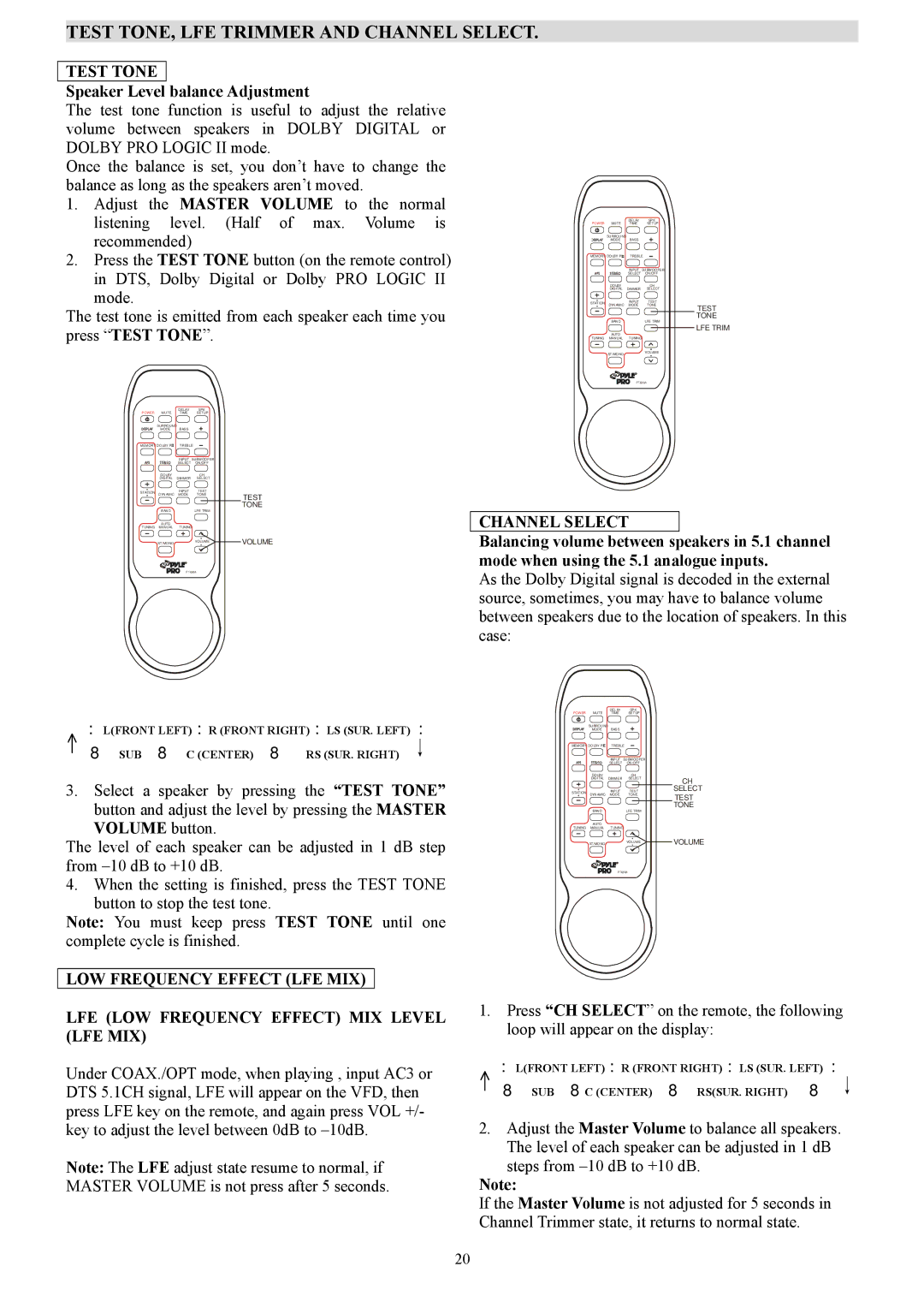 PYLE Audio PT-690A Test TONE, LFE Trimmer and Channel Select, Test Tone, Speaker Level balance Adjustment, Volume button 