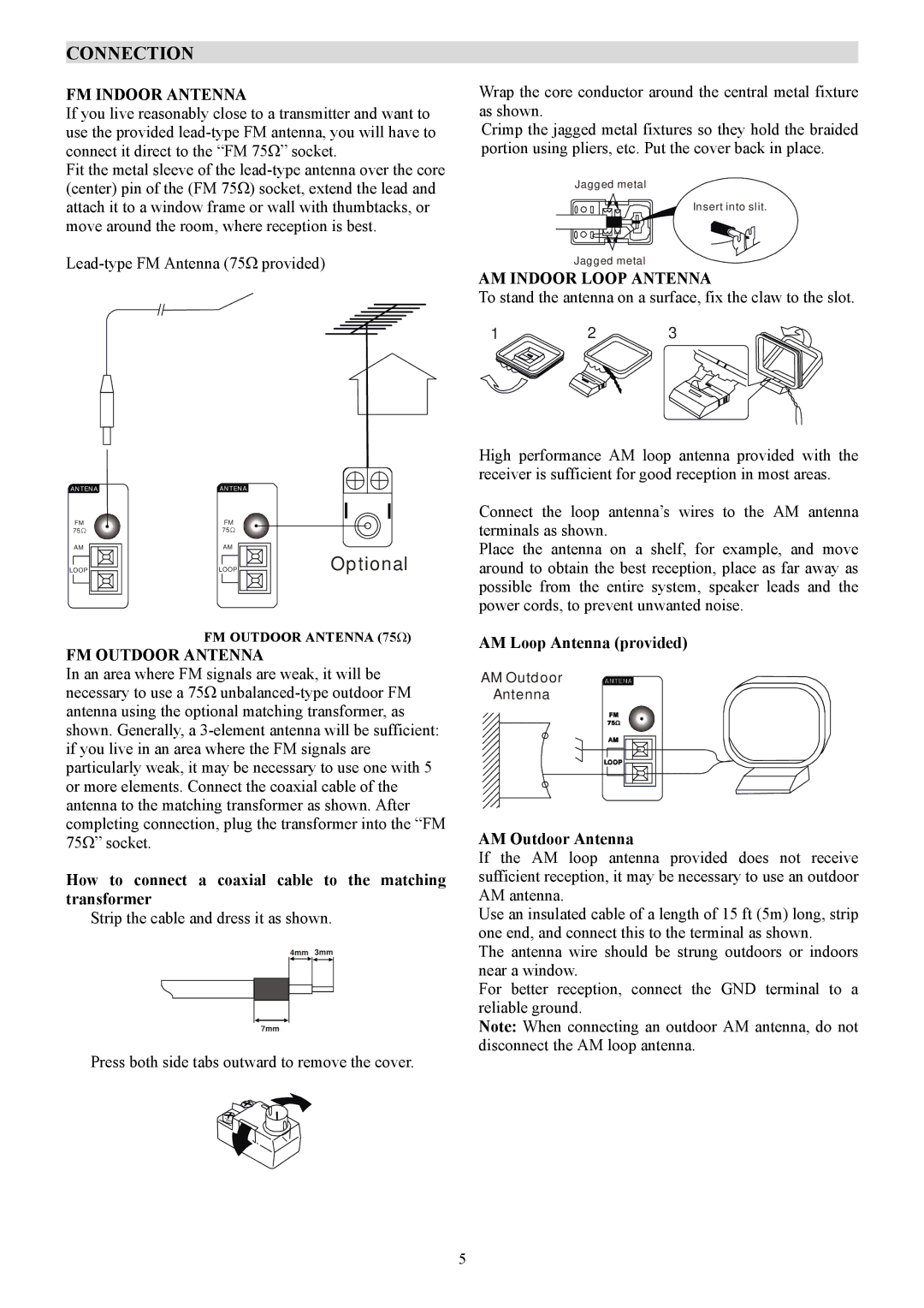 PYLE Audio PT-690A manual Connection, FM Indoor Antenna, FM Outdoor Antenna, AM Indoor Loop Antenna 