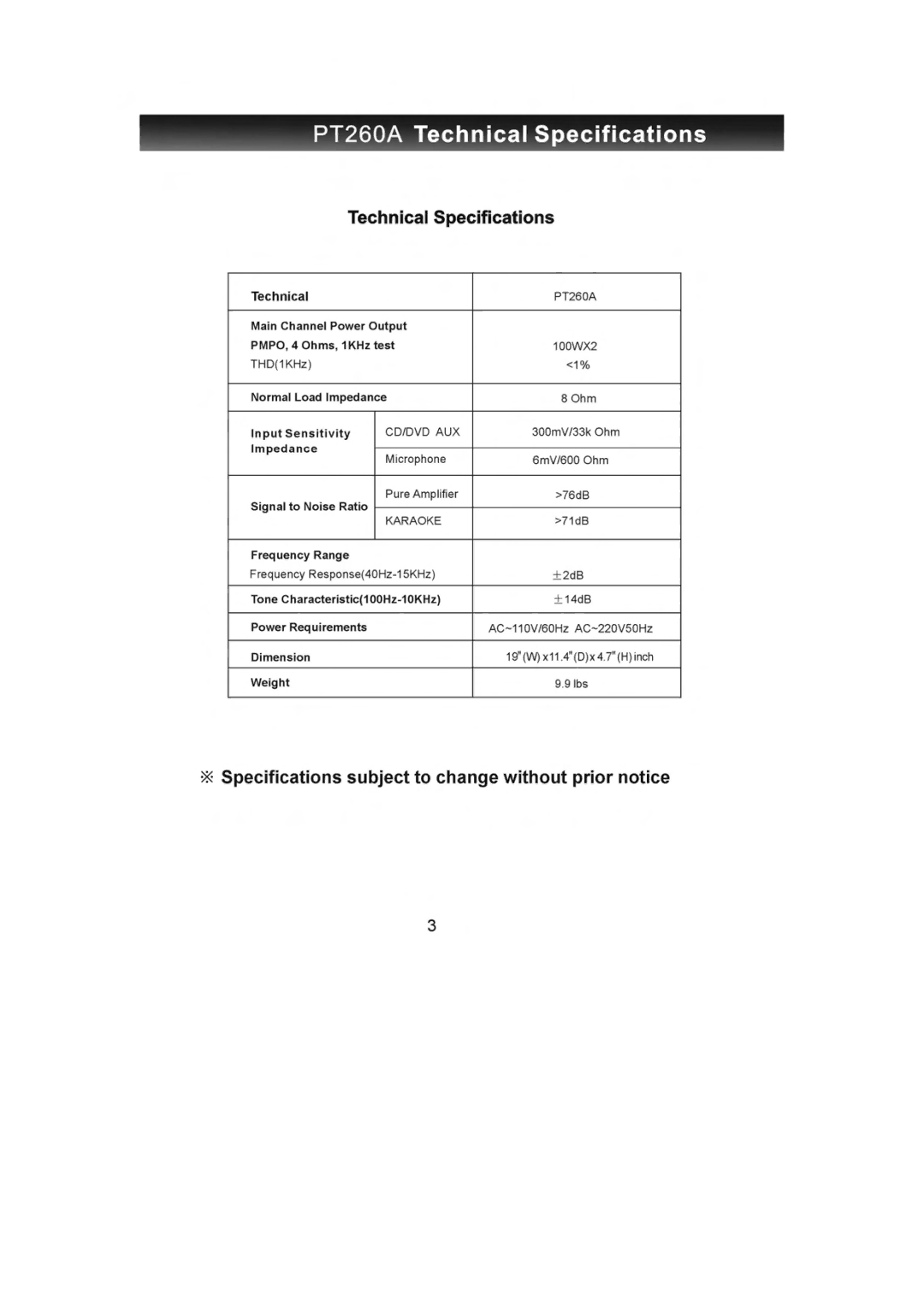 PYLE Audio PT260A manual 