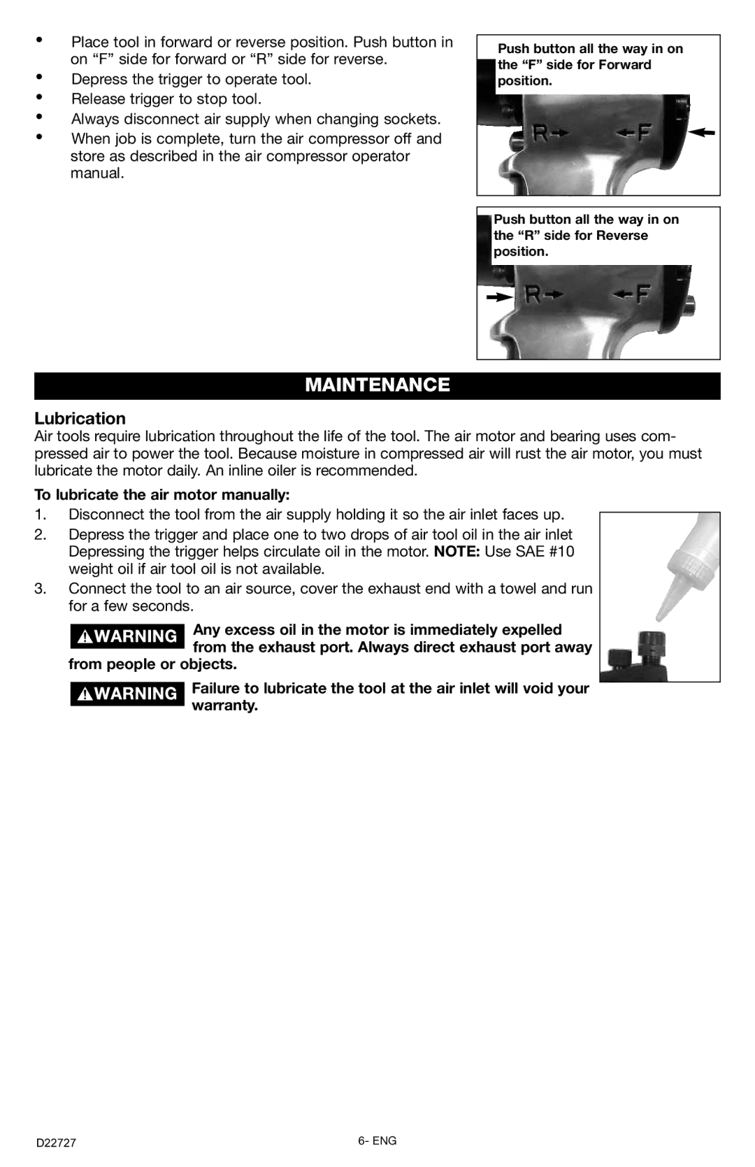 PYLE Audio PT382 instruction manual Maintenance, Lubrication, To lubricate the air motor manually 