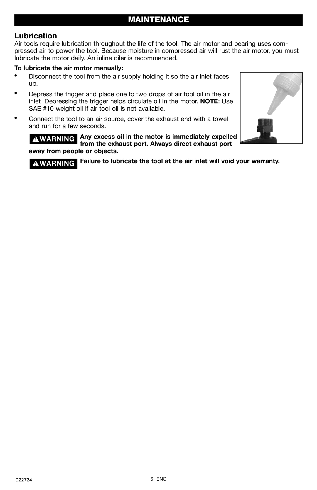 PYLE Audio PT502 instruction manual Maintenance, Lubrication, To lubricate the air motor manually 