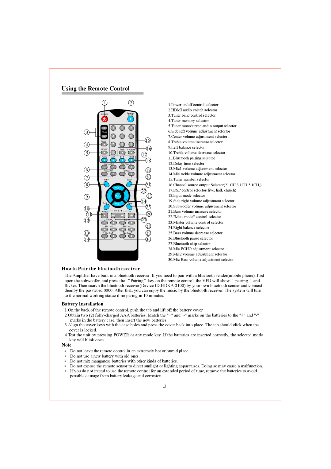 PYLE Audio PT588AB owner manual Using the Remote Control, Howto Pair the bluetooth receiver, Battery Installation 