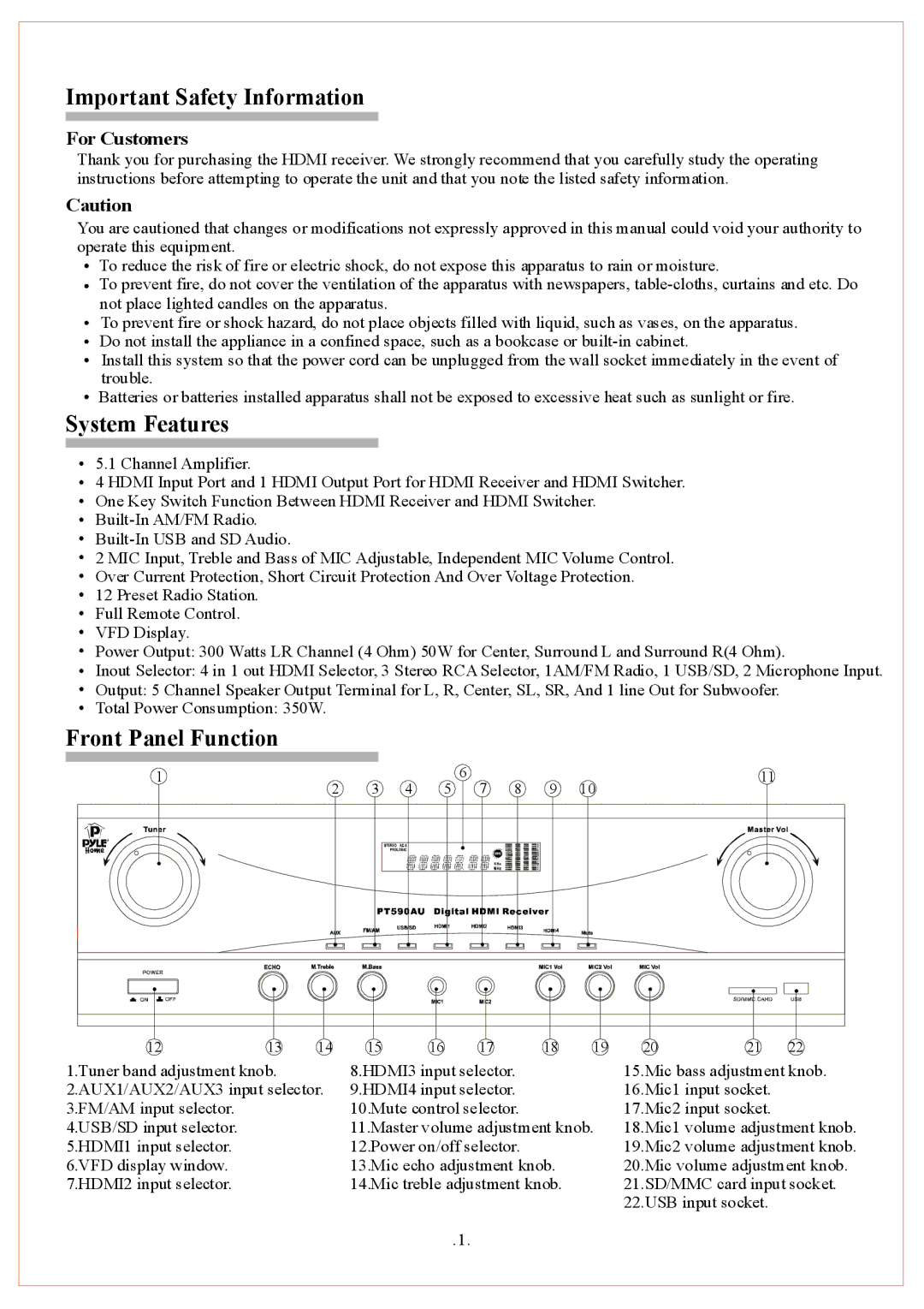 PYLE Audio PT590AU owner manual Important Safety Information, System Features, Front Panel Function, For Customers 