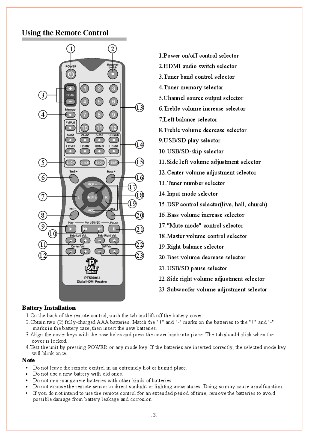 PYLE Audio PT590AU owner manual Using the Remote Control, Battery Installation 