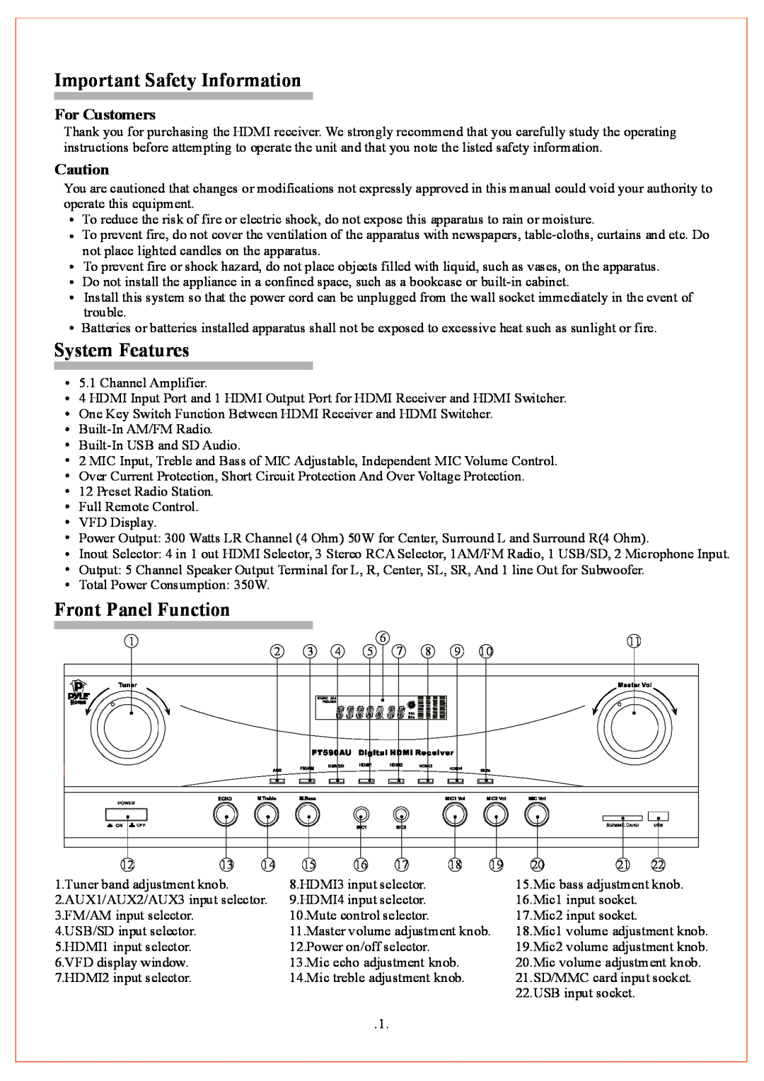 PYLE Audio PT590AU owner manual Important Safety Information, System Features, Front Panel Function, For Customers 