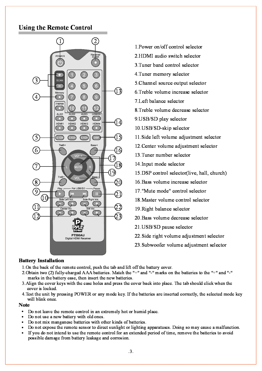PYLE Audio PT590AU owner manual Using the Remote Control, Battery Installation 