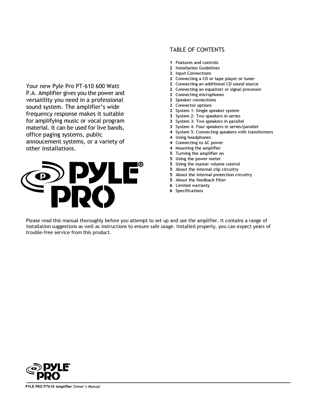 PYLE Audio PT610 owner manual Table of Contents 