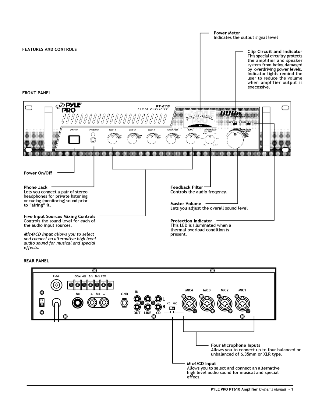 PYLE Audio PT610 owner manual Features and Controls Front Panel, Rear Panel 