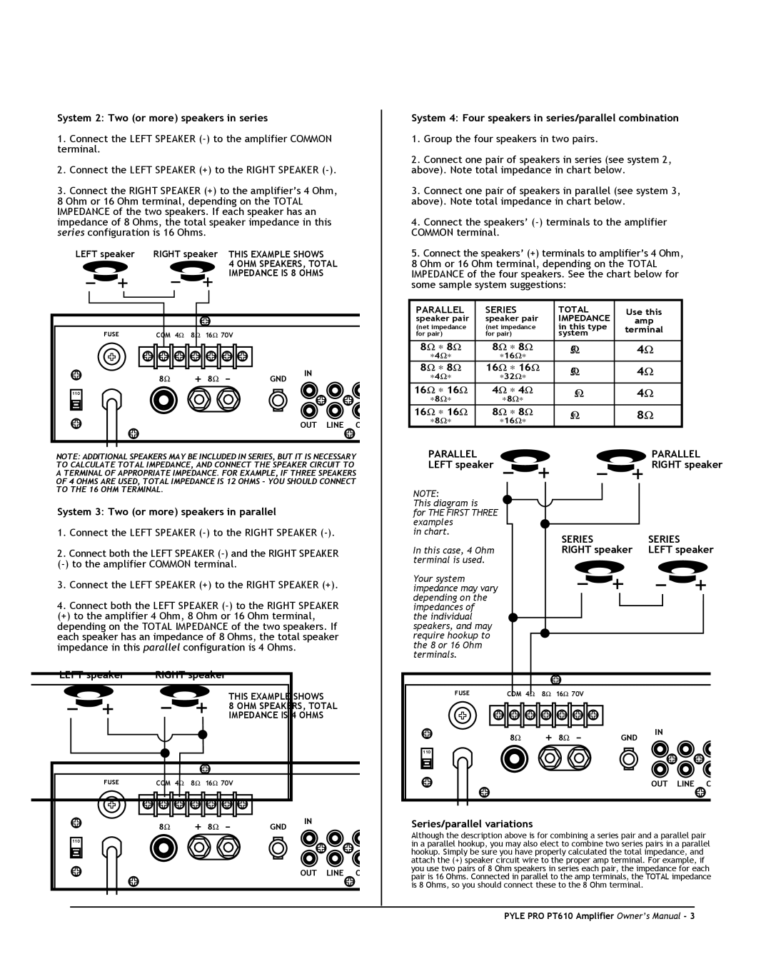 PYLE Audio PT610 owner manual Parallel, Series 