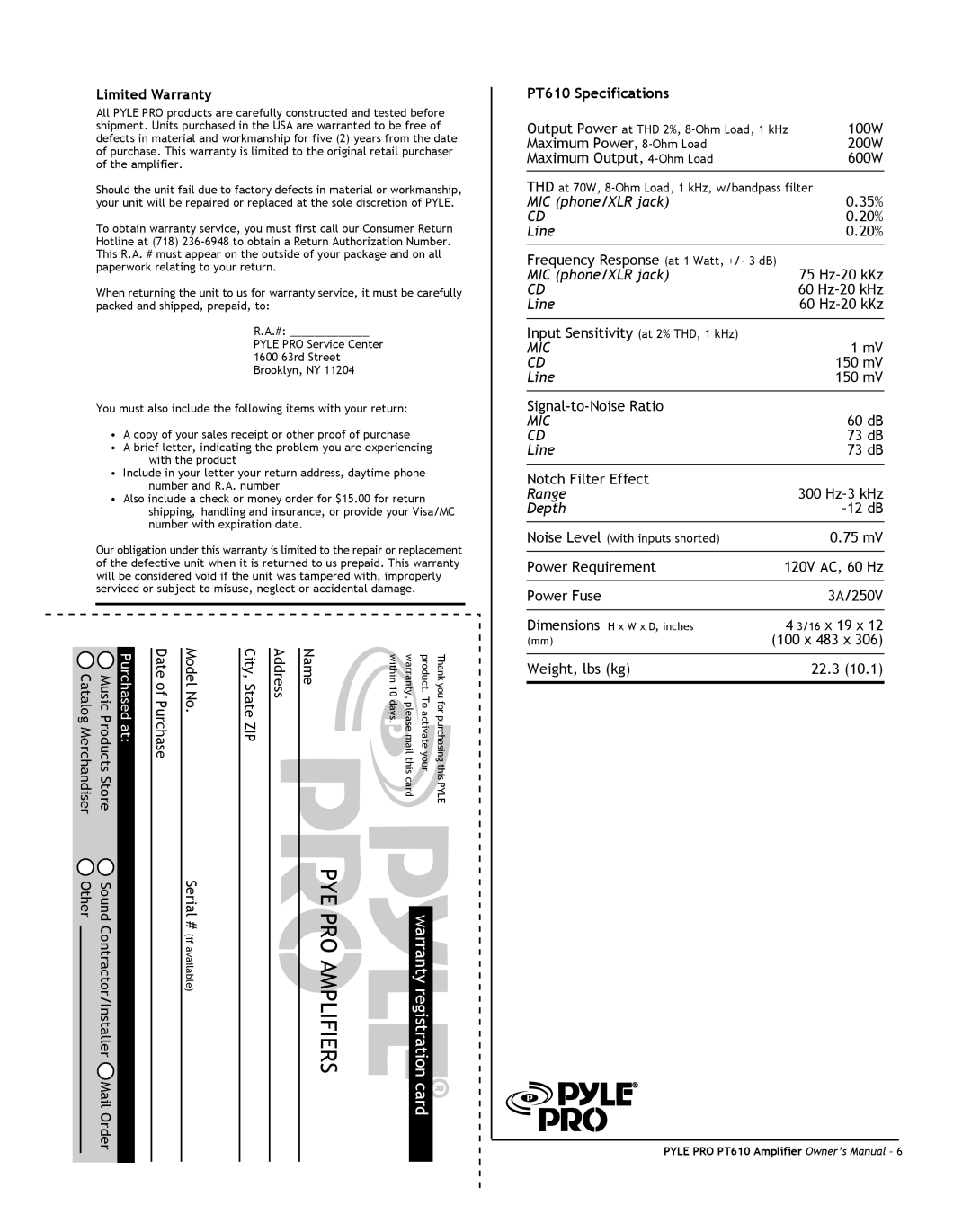 PYLE Audio PT610 owner manual PYE PRO Amplifiers 