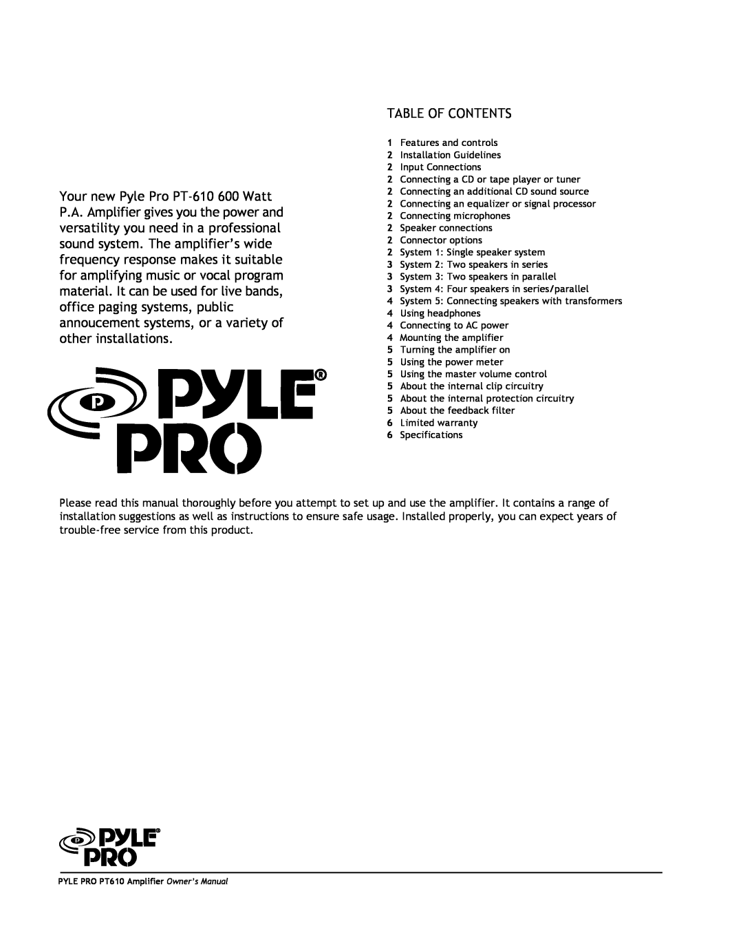 PYLE Audio PT610 owner manual Table Of Contents 