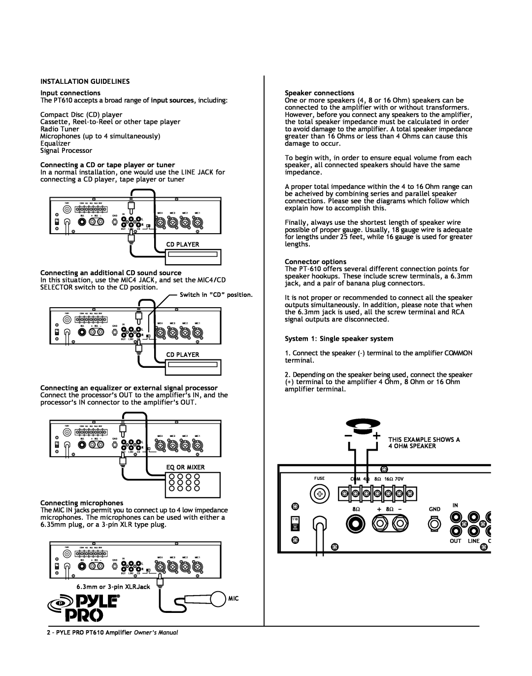 PYLE Audio PT610 INSTALLATION GUIDELINES Input connections, Connecting a CD or tape player or tuner, Speaker connections 