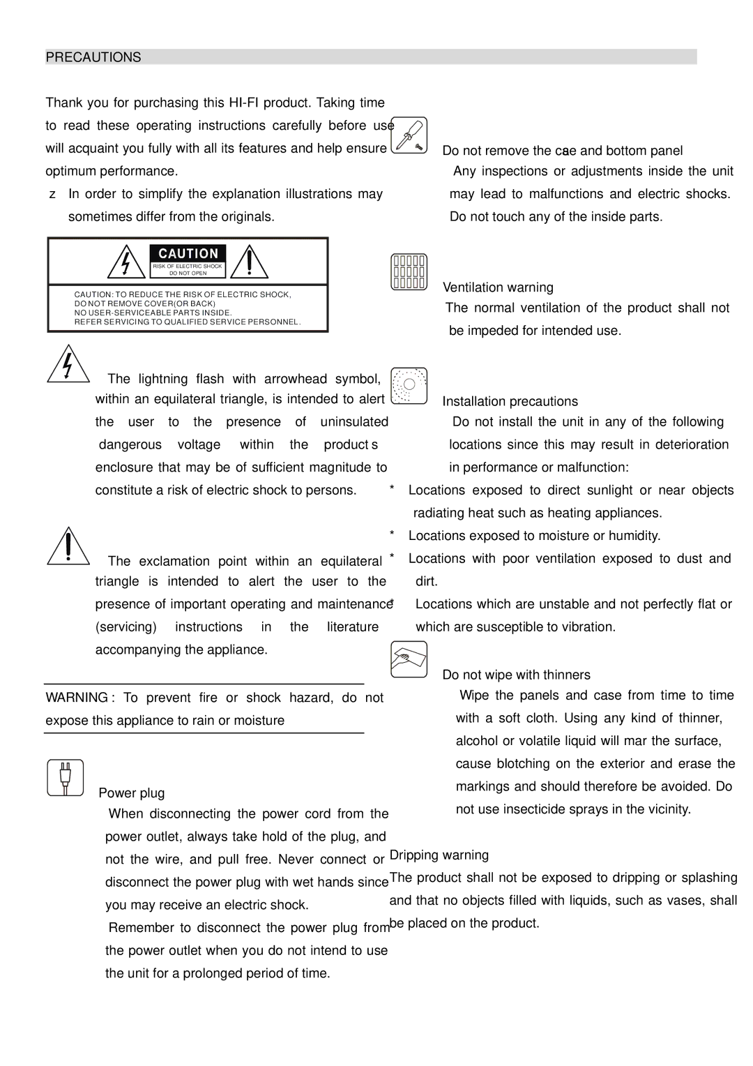 PYLE Audio PT655E manual Precautions 