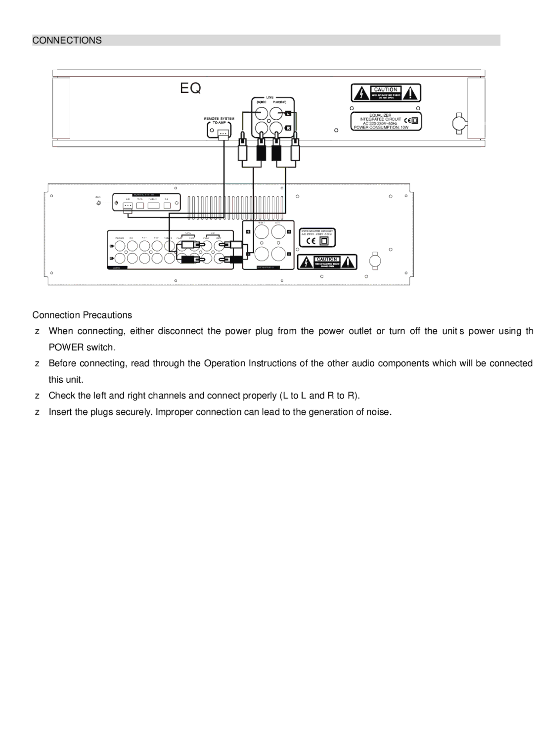 PYLE Audio PT655E manual Connections, Connection Precautions 