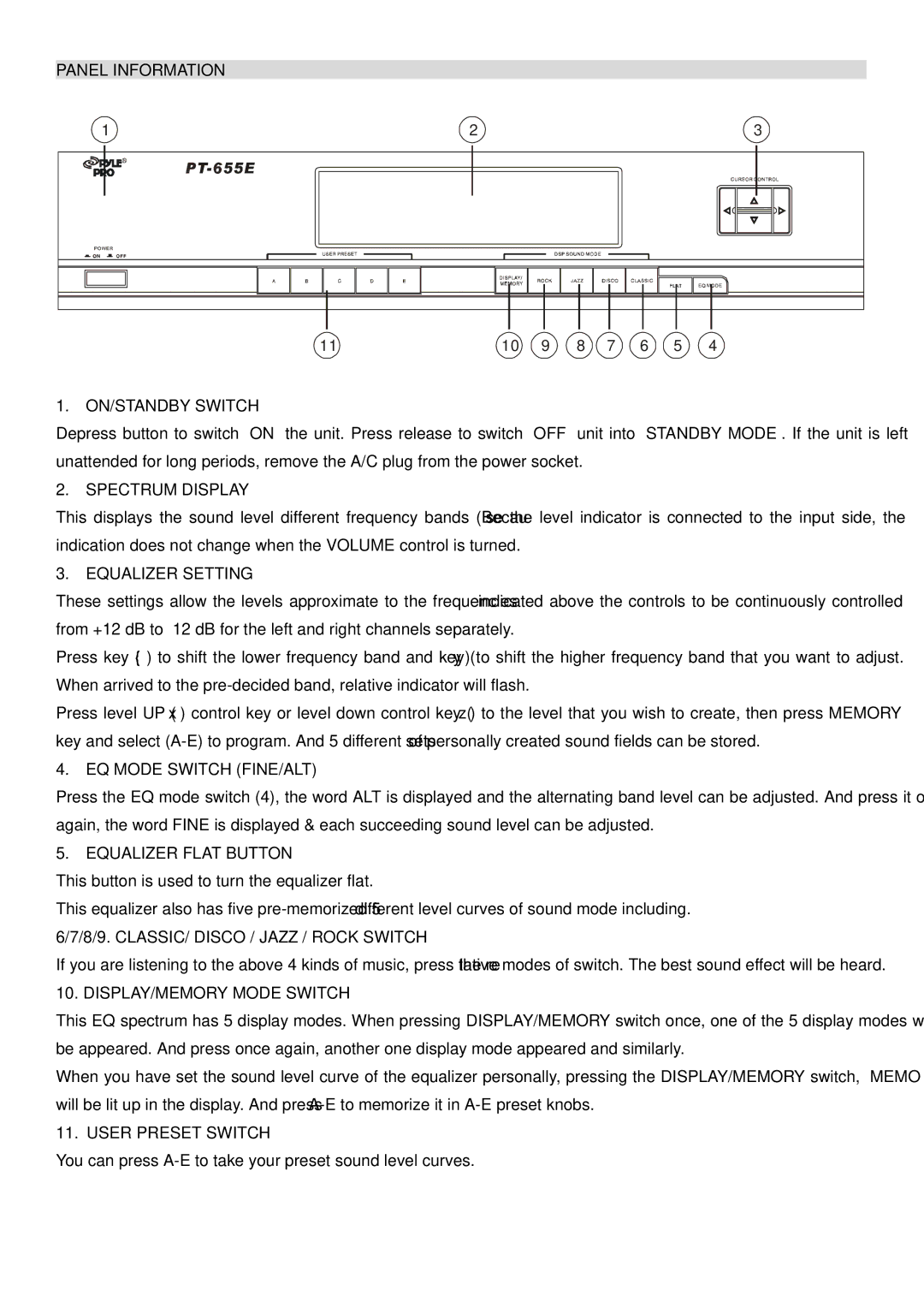 PYLE Audio PT655E manual Panel Information ON/STANDBY Switch, Spectrum Display, Equalizer Setting, EQ Mode Switch FINE/ALT 