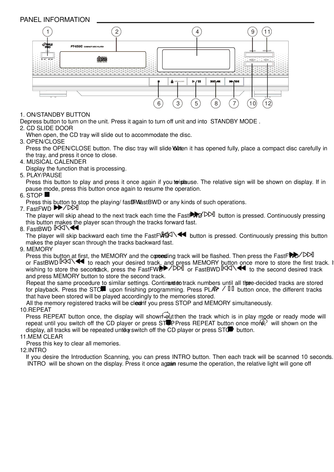 PYLE Audio PT658C manual Panel Information 