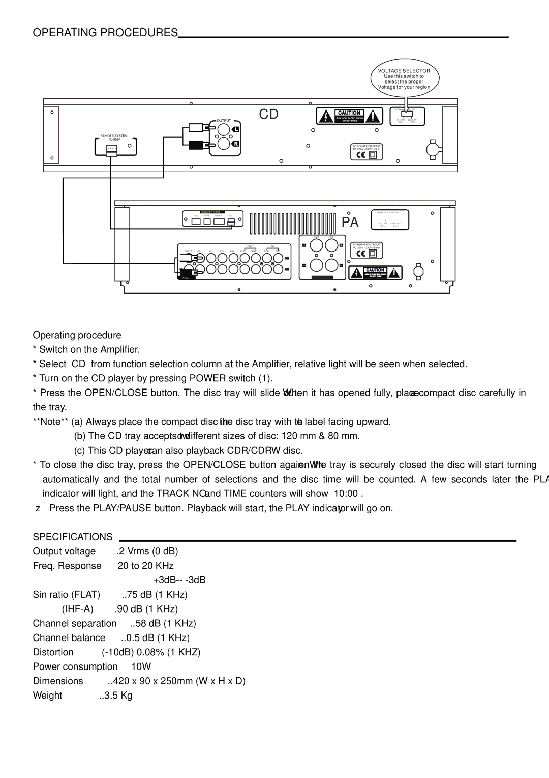 PYLE Audio PT658C manual Operating Procedures, Operating procedure, Specifications, Power consumption………………10W 