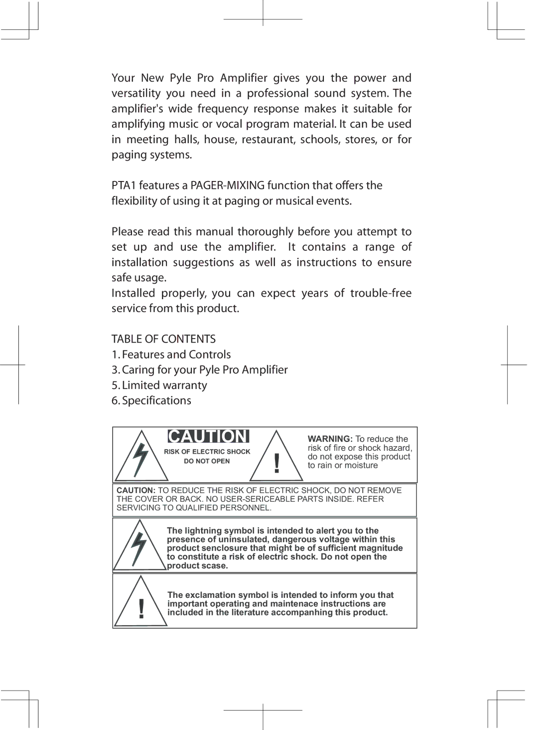 PYLE Audio PTA1 manual Table of Contents 