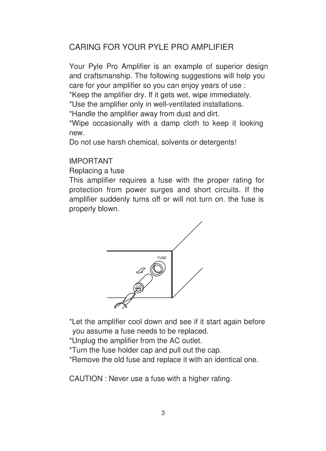 PYLE Audio PTA1 manual Caring for Your Pyle PRO Amplifier, Remove the old fuse and replace it with an identical one 