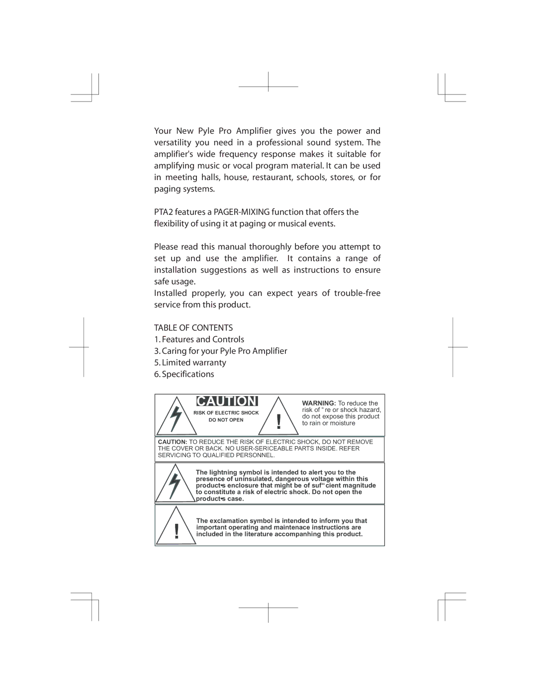 PYLE Audio PTA2 manual Table of Contents 