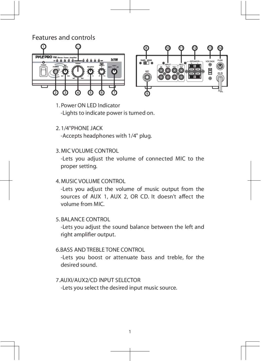 PYLE Audio PTA3 manual 4PHONE Jack, MIC Volume Control, Music Volume Control, Balance Control, Bass and Treble Tone Control 