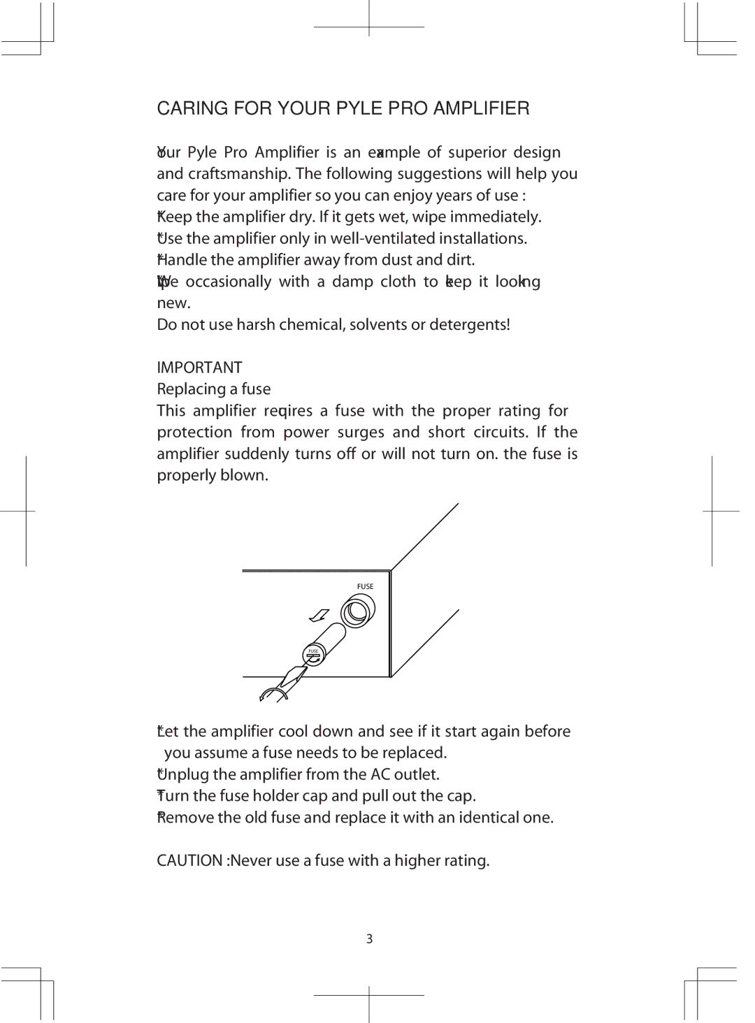 PYLE Audio PTA3 manual Caring for Your Pyle PRO Amplifier, Remove the old fuse and replace it with an identical one 