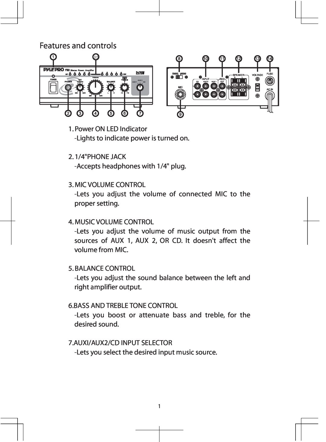 PYLE Audio PTA3 manual Features and controls 