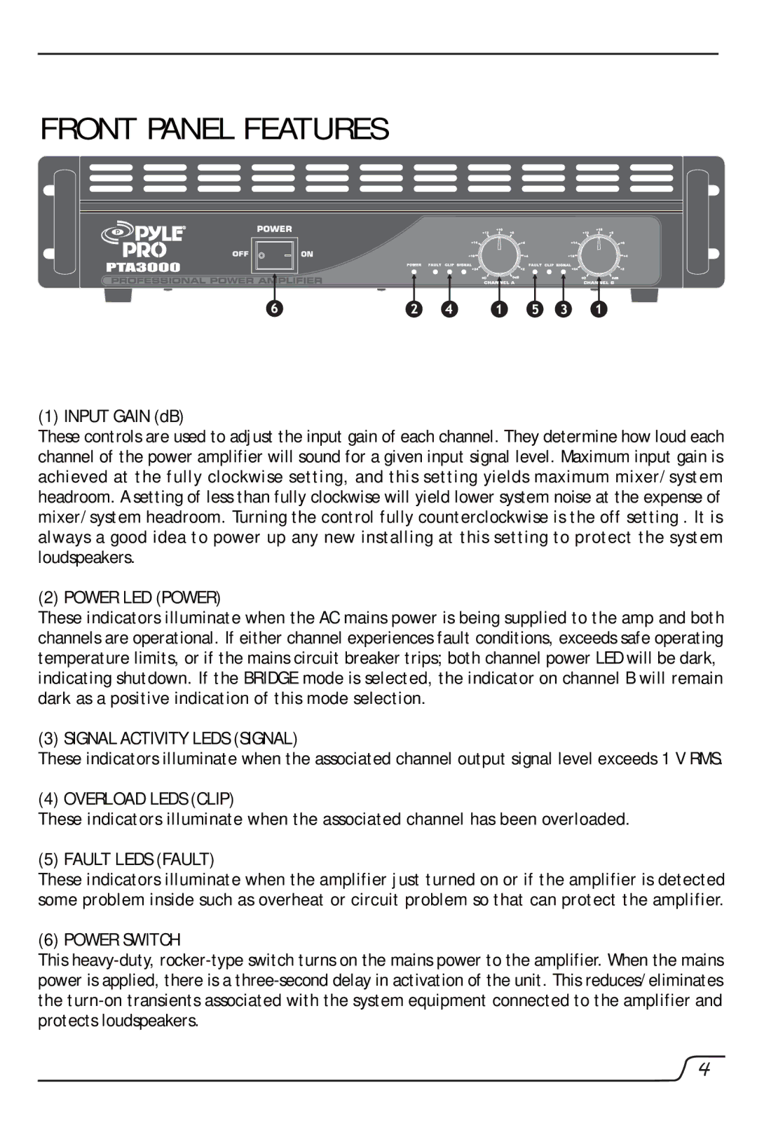 PYLE Audio PTA3000 manual Front Panel Features, Input Gain dB 