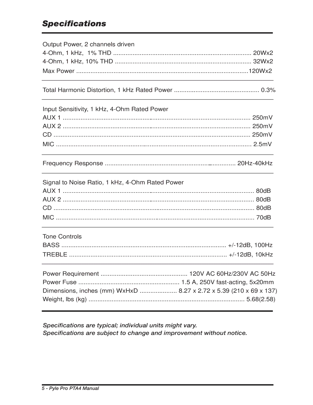 PYLE Audio PTA4 manual Specifications 