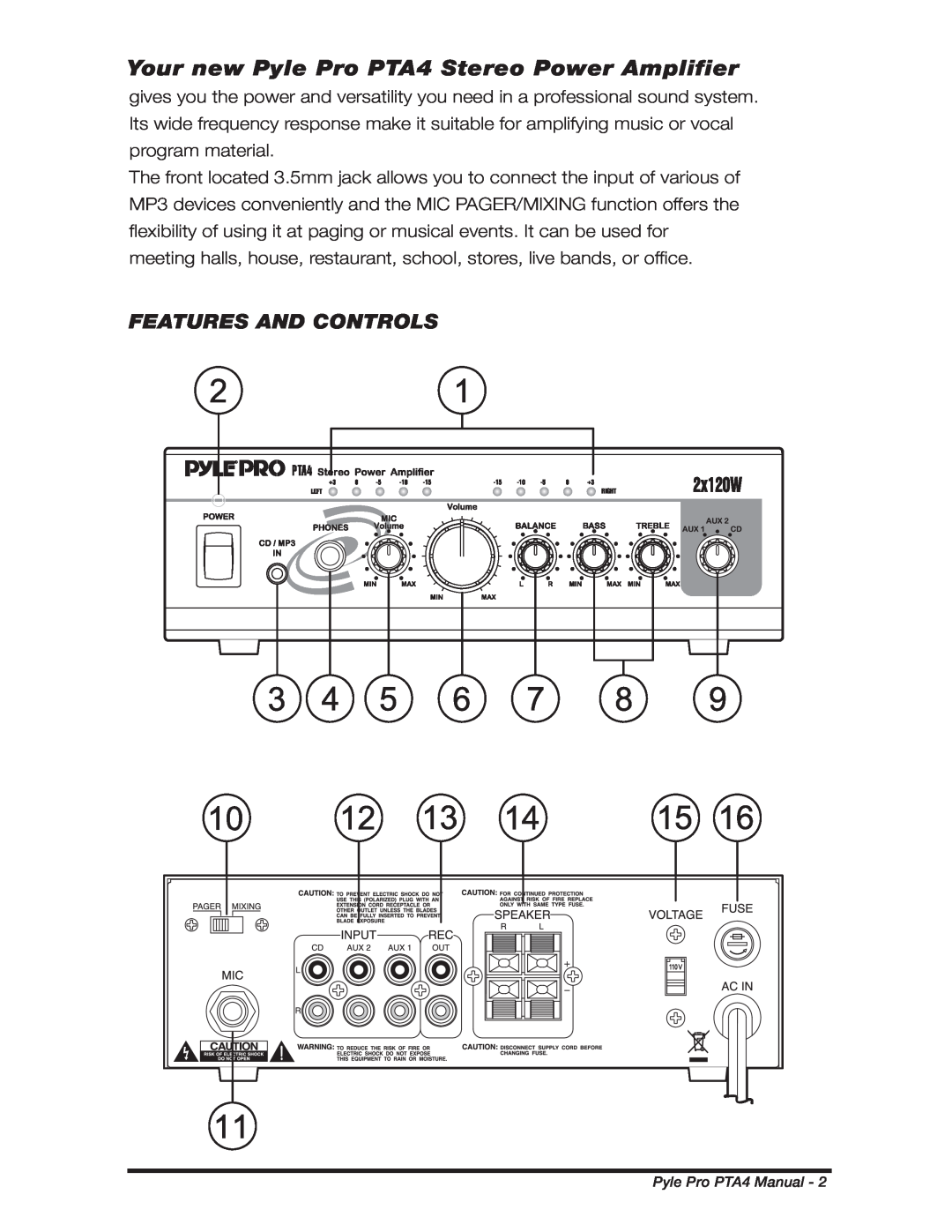 PYLE Audio manual Features And Controls, Your new Pyle Pro PTA4 Stereo Power Amplifier 