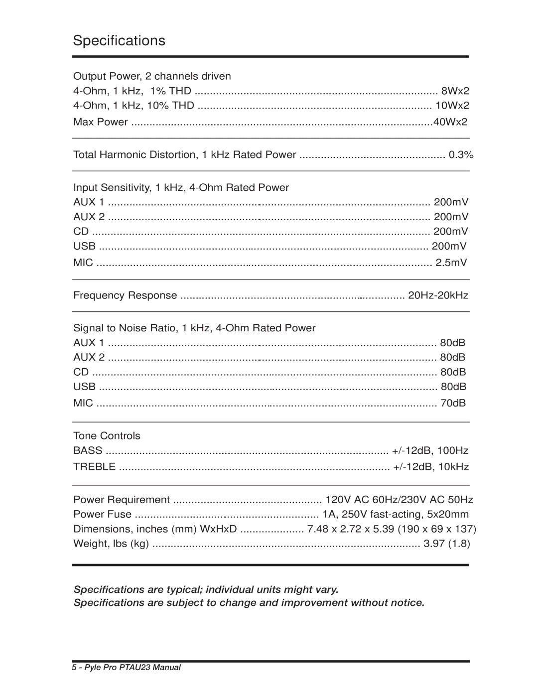 PYLE Audio PTAU23 manual Specifications 