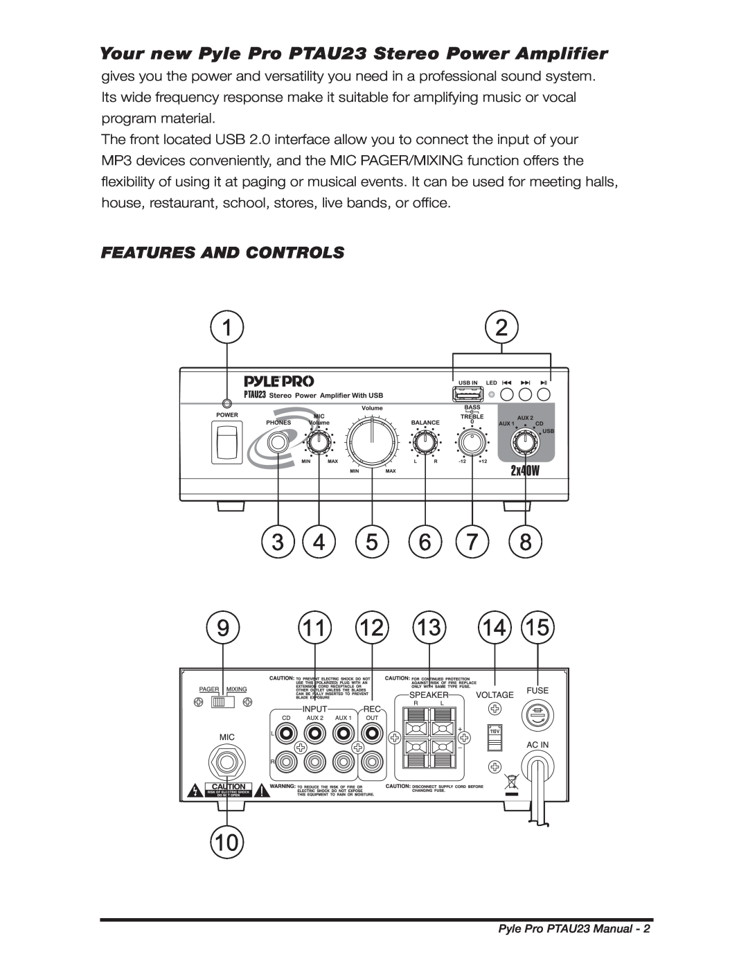 PYLE Audio manual Features And Controls, Your new Pyle Pro PTAU23 Stereo Power Amplifier 