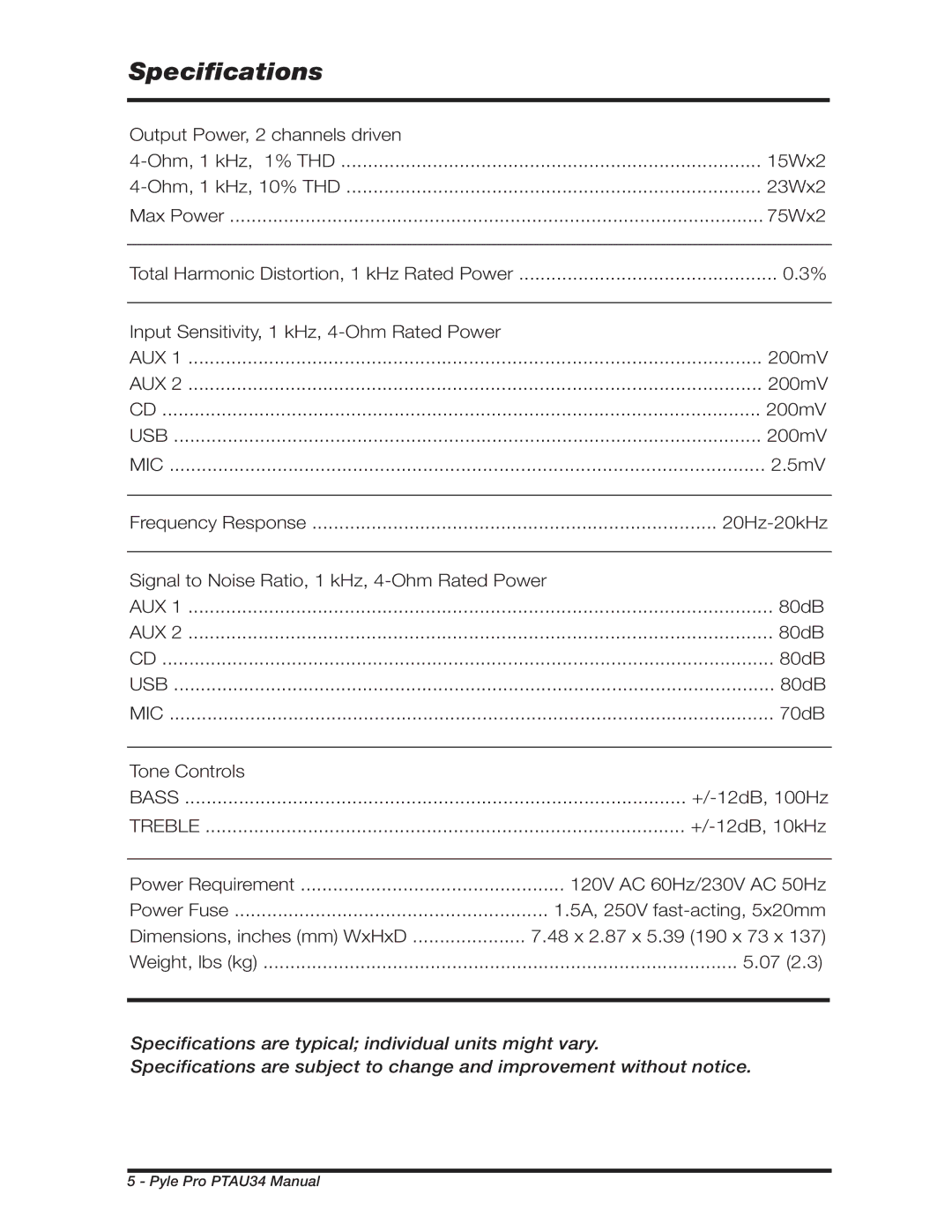 PYLE Audio PTAU34 manual Specifications 