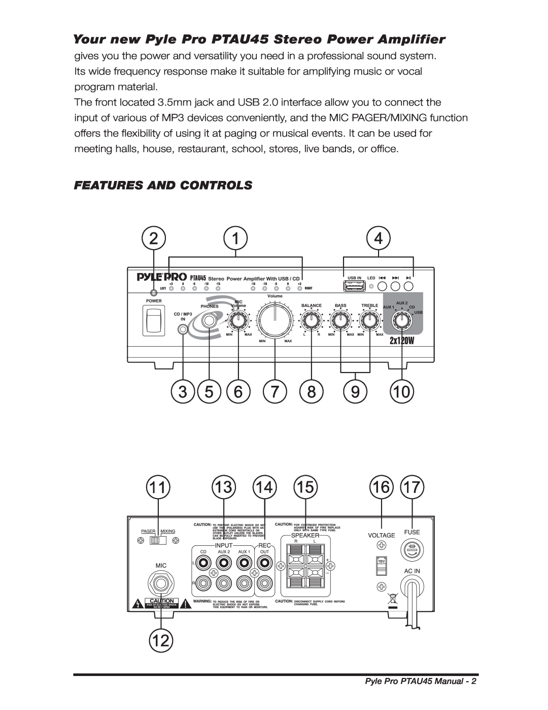 PYLE Audio manual Features And Controls, Your new Pyle Pro PTAU45 Stereo Power Amplifier 