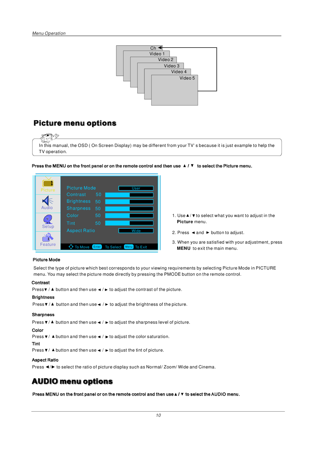 PYLE Audio PTC15LC manual Picture Mode, Contrast Brightness Sharpness Color Tint Aspect Ratio 